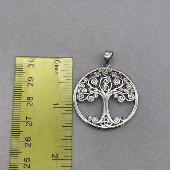 Solvar Tree of Life Round Pendant Silver Tone Multicolor Rhinestone - Picture 4 of 5